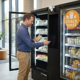 Person handlar vid Snackomat med mobilen